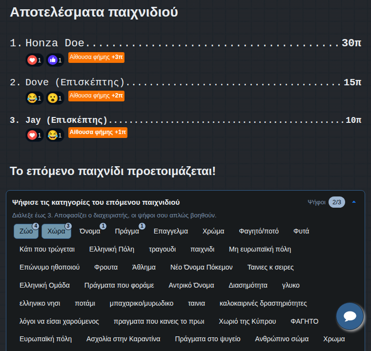Αποτελέσματα παιχνιδιού