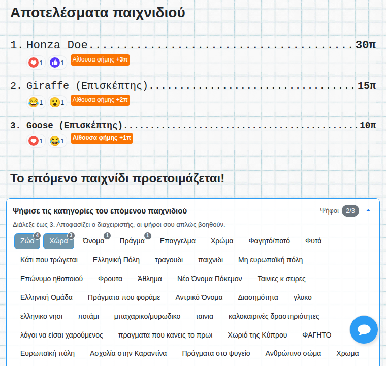 Αποτελέσματα παιχνιδιού